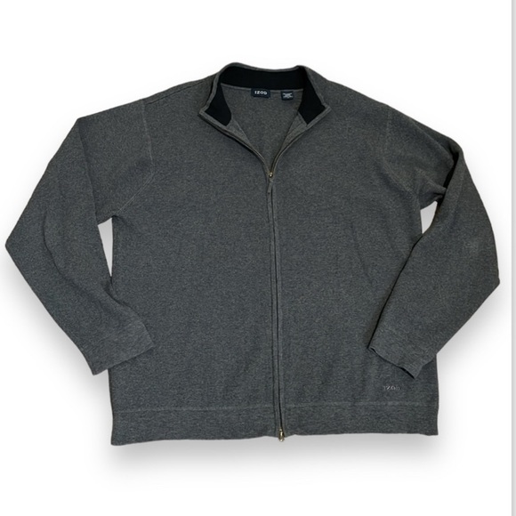 Mens Size L Izod Gray Cardigan Sweater Full Zip Size Large Cotton Preppy Golf - Picture 1 of 13